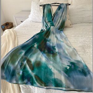 Banana Republic Blue & Green Tie Dye Plunge Midi Dress Size Small